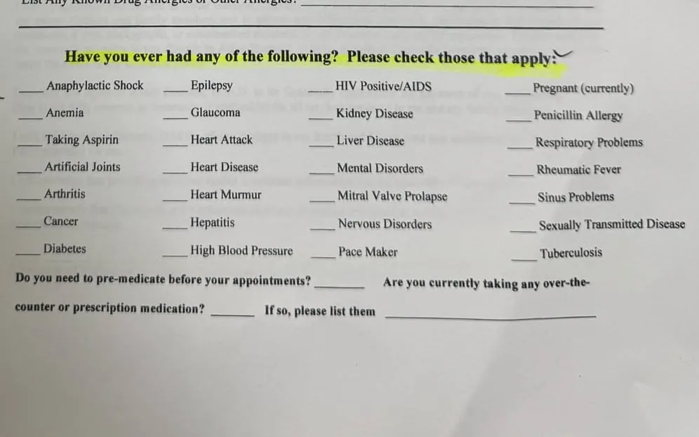 A close-up of the paper form's health history checklist, with blank boxes to tick beside HIV Positive/AIDS, hepatitis, pregnancy and sexually transmitted disease.