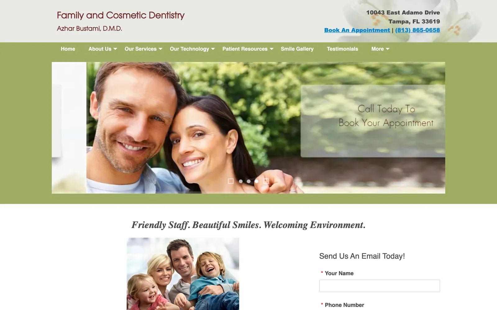 The practice's previous website: an olive green template with a stock photo carousel, a dense row of dropdown menus, and small print contact details.
