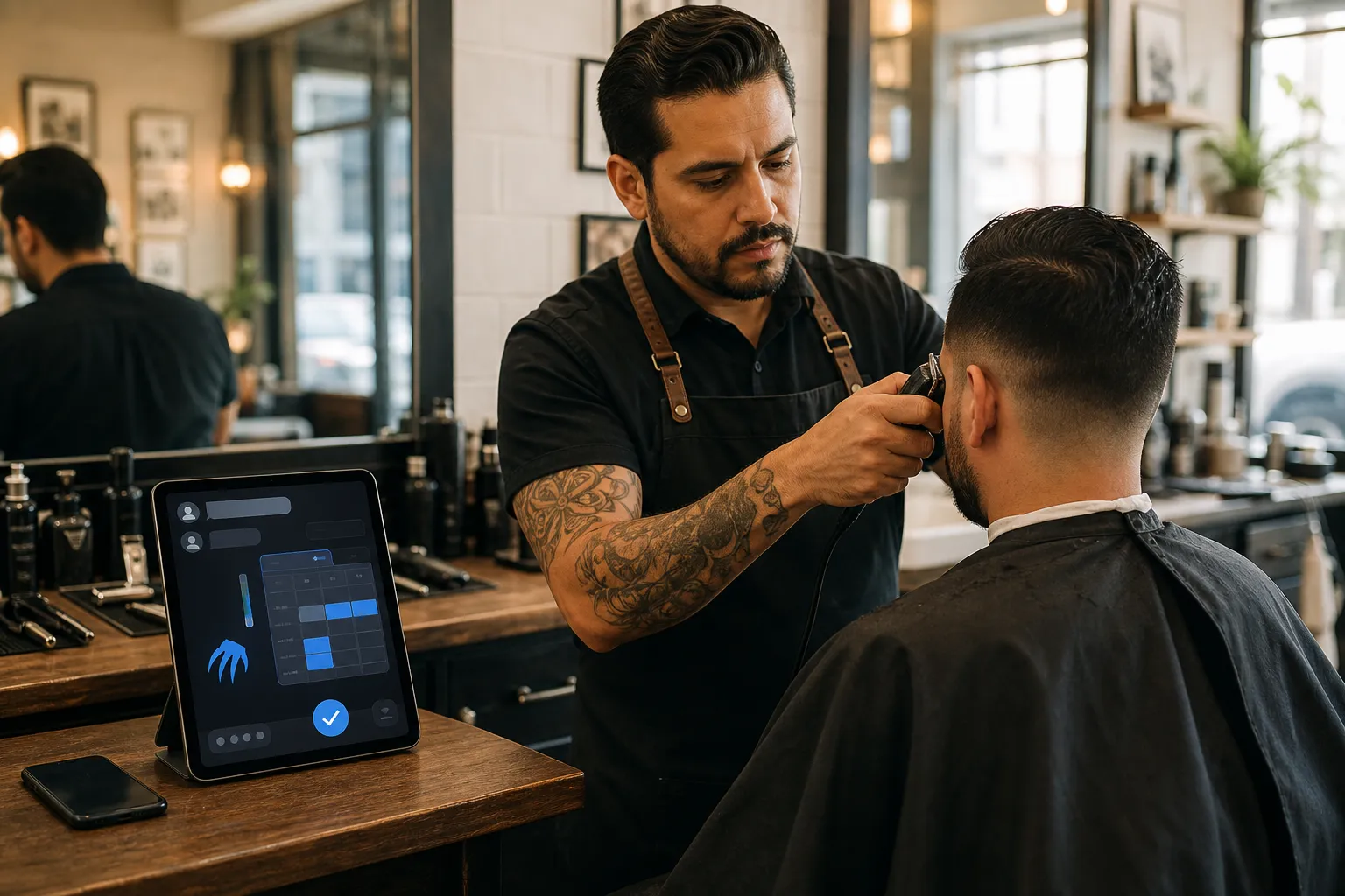 A barber stays focused on a haircut while FelixBot handles appointment messages and calendar scheduling on a nearby tablet.