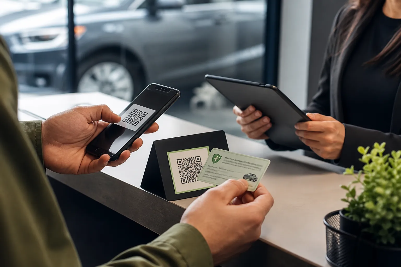 A rental customer scans an insurance-document QR code at the counter while an employee receives the submission on a tablet.
