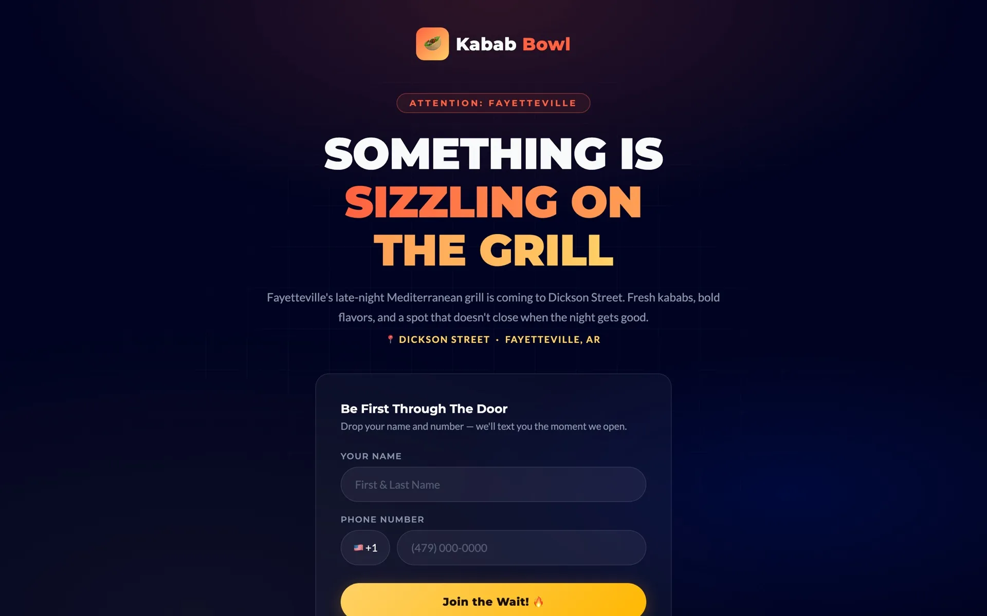 The Kabab Bowl coming-soon site: a dark hero reading 'Something is sizzling on the grill' above a waitlist form asking for a name and phone number.