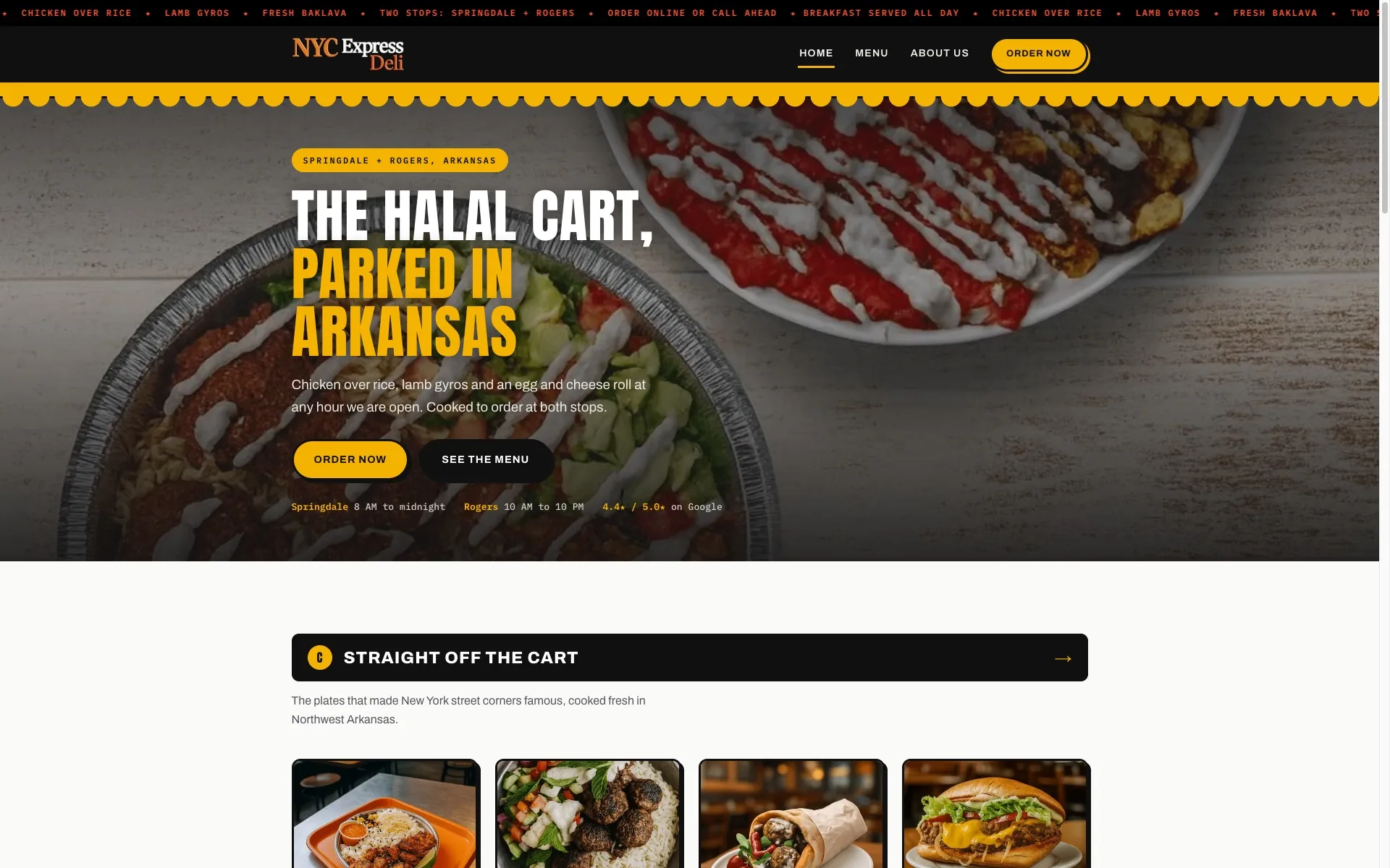 The NYC Express Deli homepage: a dark hero over a photo of chicken over rice and a gyro platter, reading 'The halal cart, parked in Arkansas', with Order Now and See The Menu buttons.